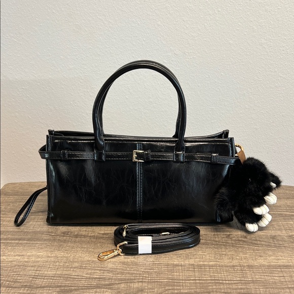 Gramercy & Grand | Vegan Black Satchel w/ Plush Bunny Charm - Picture 1 of 7